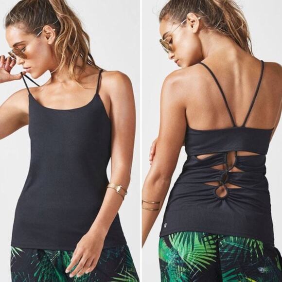 Fabletics Bailey Tank Cinch Lace Up Keyhole Back Padded Shelf Bra Black Medium - Picture 1 of 7